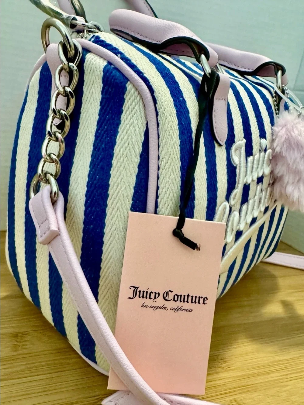 Juicy Couture Blue & Pink Striped Satchel with Heart Charm